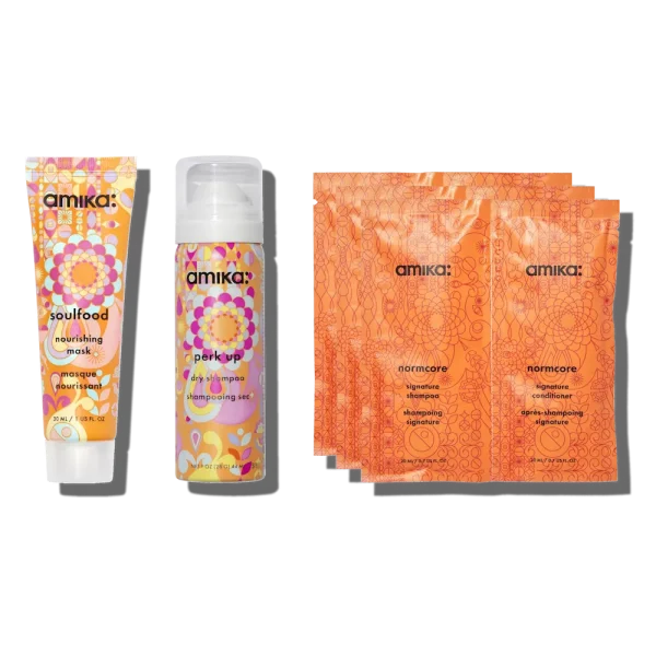 nourish trial kit normcore signature shampoo, conditioner, soulfood nourishing mask + perk up dry shampoo