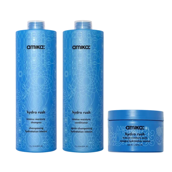 super-sized hydration set  hydro rush intense moisture shampoo, conditioner + hair mask with hyaluronic acid