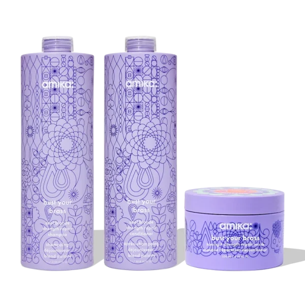 super-sized blonde set bust your brass cool blonde shampoo + conditioner + intense repair hair mask